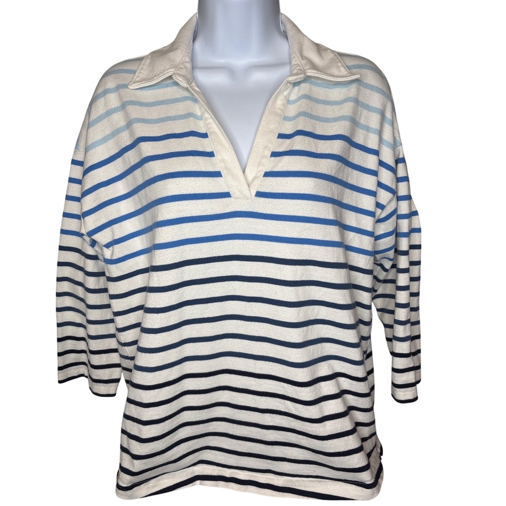 L.L. Bean Womens Blue Striped Cotton V-Neck Rugby‎ Sweater Sz M Coastal Grandma